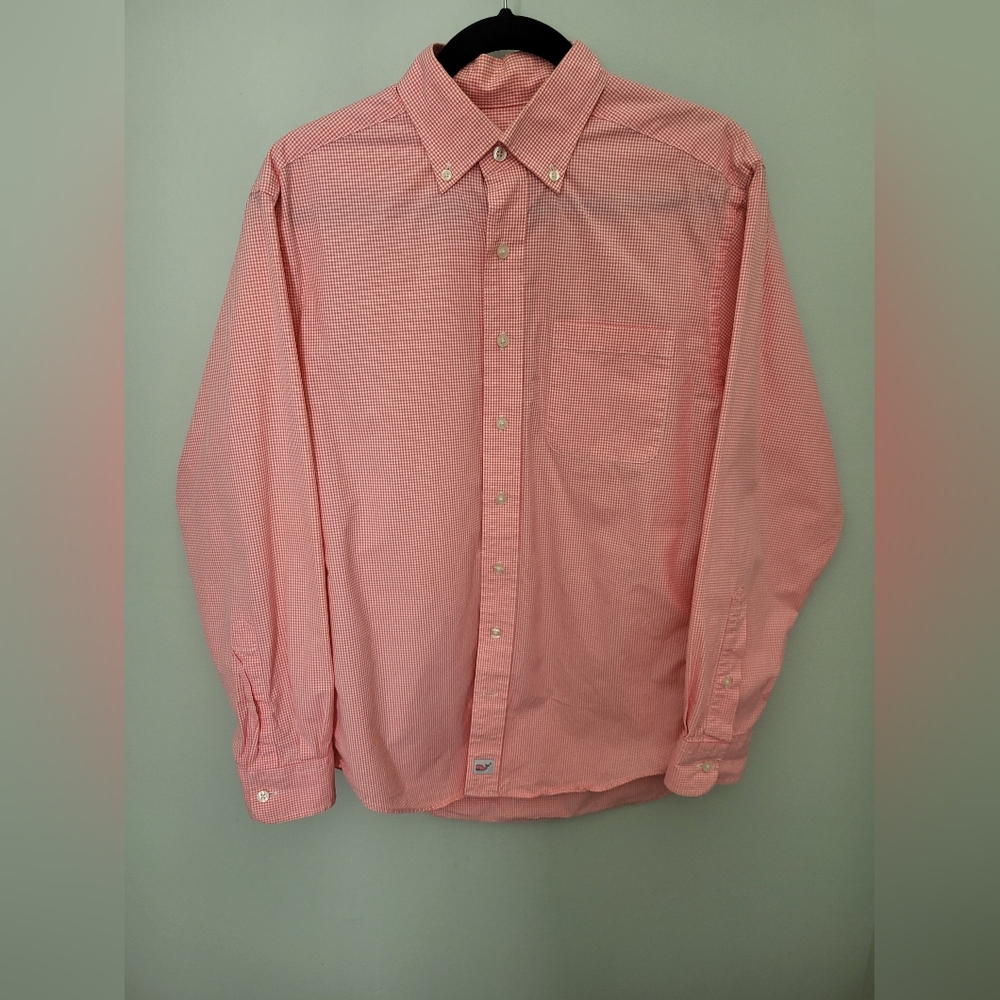 Vineyards Vines Men Small Pink Gingham Long Sleeve Cotton Dress Shirt‎
